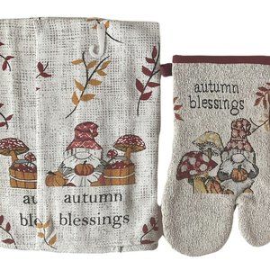 Fall Harvest Kitchen Towels Oven Mitt Pot Holder Autumn Blessings Gnomes 4 Pcs